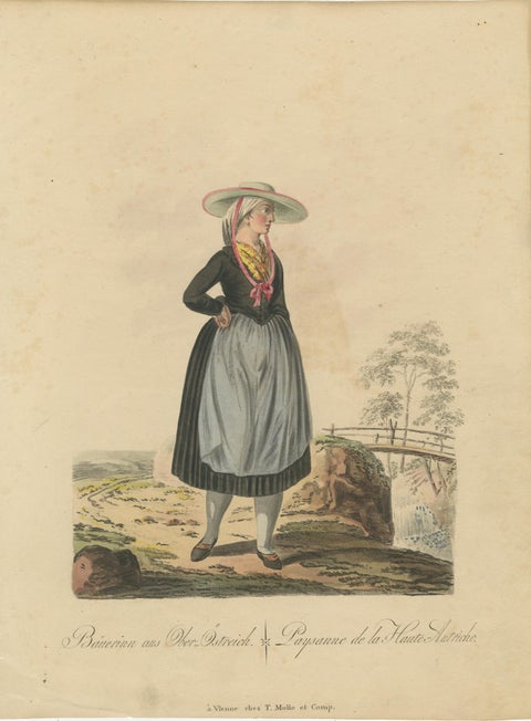Upper Austria Folk Costume Pair, Antique Hand-Colored Lithographs, Vienna 1825, view 2