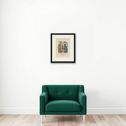 Antique French Fashion Plate, Ladies and Child in Park Scene, c.1880, shown framed on a wall