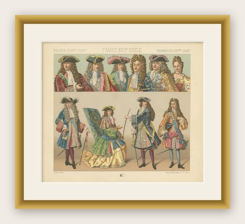 Pl. 103 Antique Print of French 17th Century Costumes by Racinet, circa 1880, shown framed