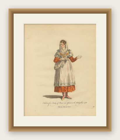 Antique Costume Print Lady of Paros Traditional Dress Jefferys, 1749, shown framed