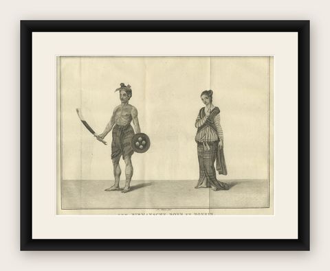 Tattooed Burmese Farmer and His Wife, Antique Costume Print, circa 1800, shown framed