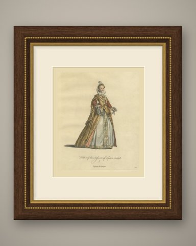 Infanta of Spain in 1598 in a Gold Brocade Gown, Jefferys Costume Plate, 1757, shown framed