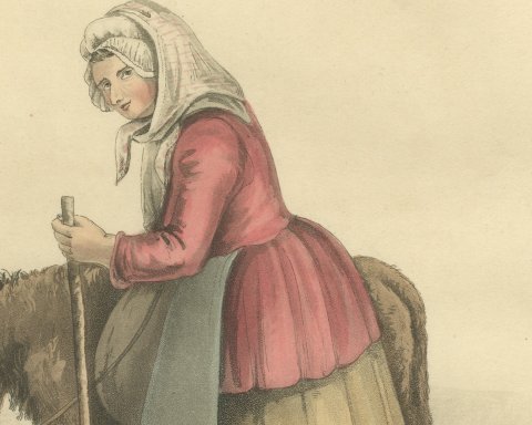 Country Woman and Donkey going to Valenciennes, Antique Print, 1817, close-up 1