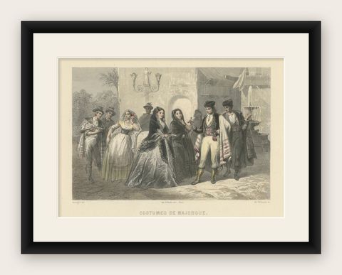 Costumes of Majorca, 19th-Century Hand-Colored Engraving by Ed. Willmann, shown framed