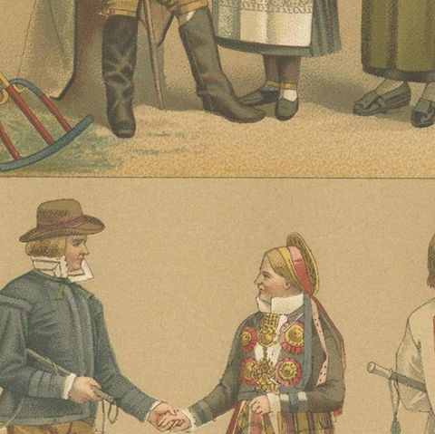 Pl. 128 Antique Print of Swedish Costumes of Racinet, 'circa 1880', close-up 2