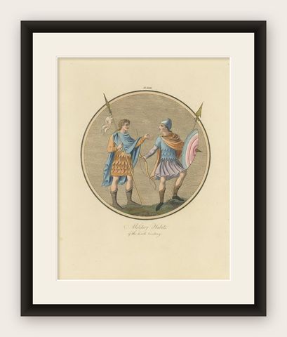 Antique Print of English Military Costumes of the 10th Century by Strutt, 1862, shown framed