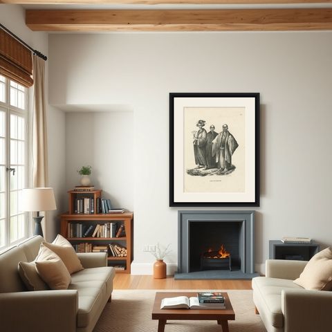 Antique Lithograph of Chinese Figures in Tradional Attire, Brodtmann 1827, shown framed in a room