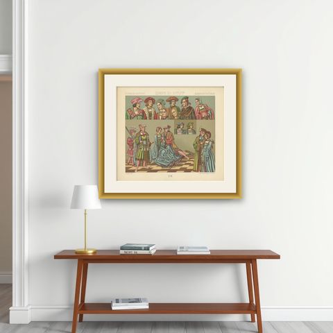 Pl 41 Antique Print of European 15th-16th Century Costumes by Racinet, shown framed on a wall