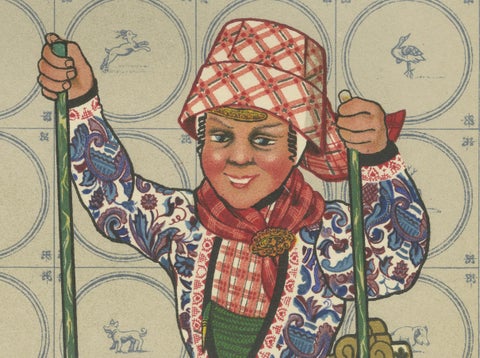 Girl on Hindeloopen Sleigh in Dutch Winter Dress, Hand-colored Lithograph - 1932, close-up 2