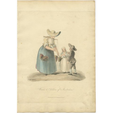 Old Antique Engraving of a Woman and Children of Amsterdam, Holland, 1817, view 2