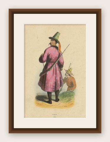 Antique Costume Print of a Kyrgyz Man by Wahlen, 1843, shown framed
