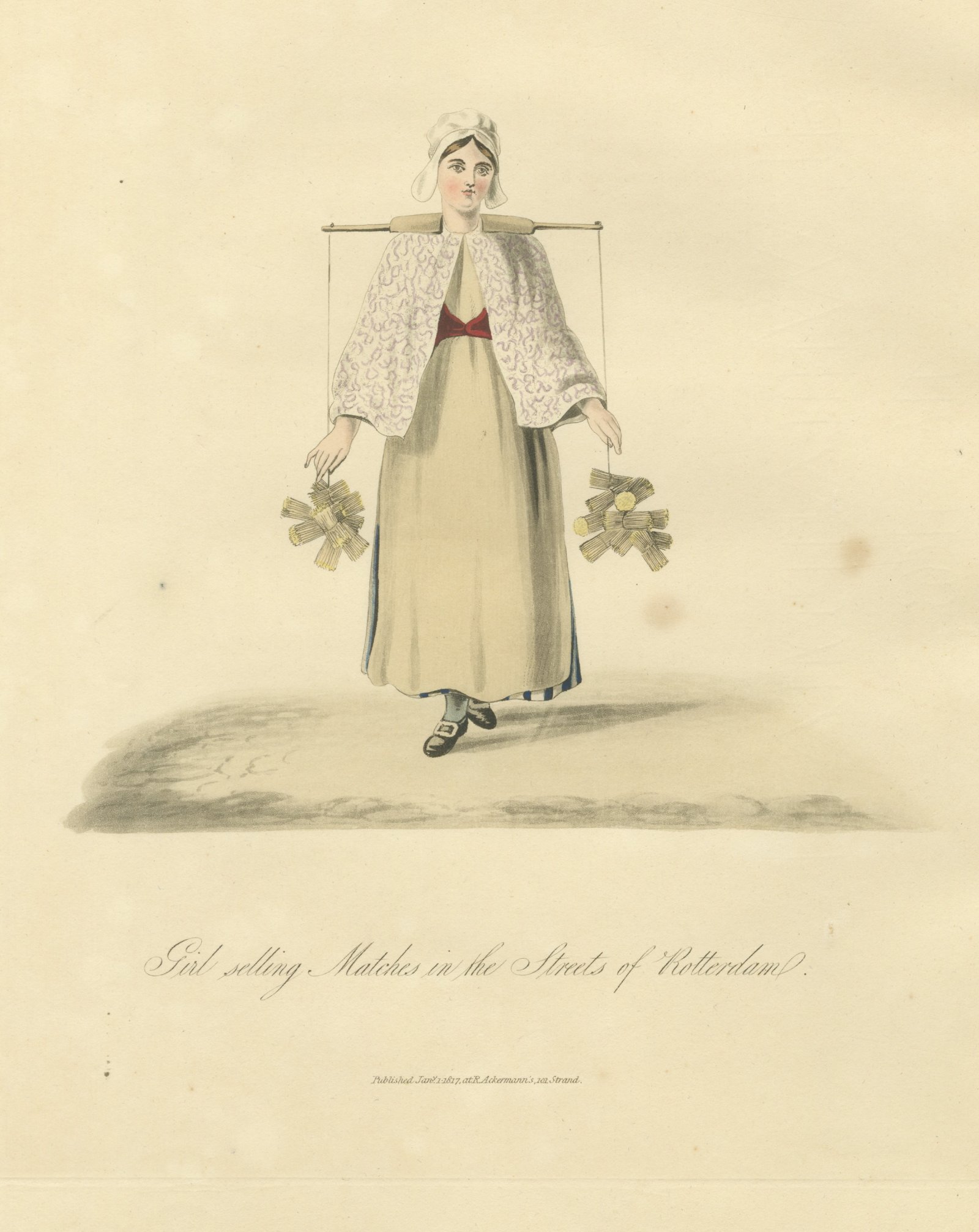 Girl selling Matches in Rotterdam, Street Seller, Antique Print, 1817