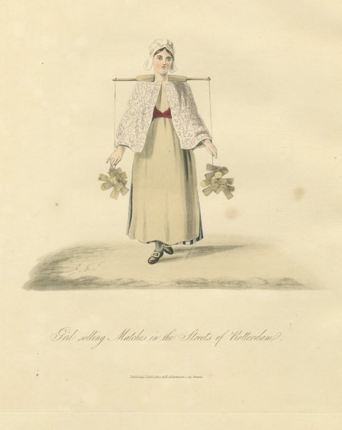 Girl selling Matches in Rotterdam, Street Seller, Antique Print, 1817