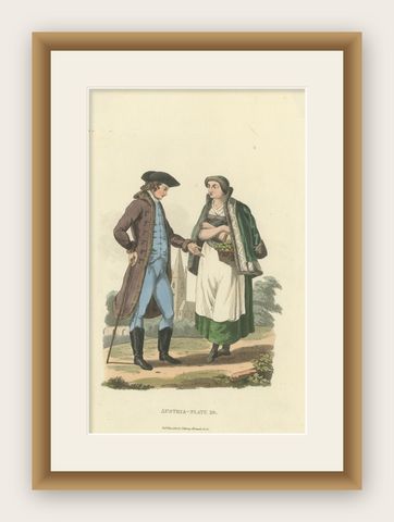 Austrian Folk Couple: Elegant Regency Costume from 1808, shown framed