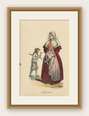 Antique Costume Print of Inhabitants of Brittany by Wahlen, 1843, shown framed