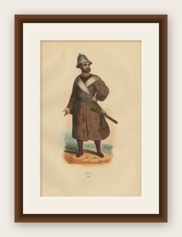 Traditional Eleuth Warrior Attire in 1844 Hand-Colored Lithograph, shown framed
