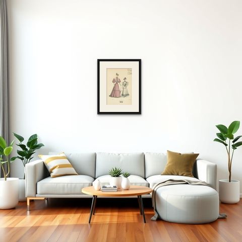 Victorian Fashion Duets: Elegant Ensembles in Lithographs Published in 1889, shown framed in a room