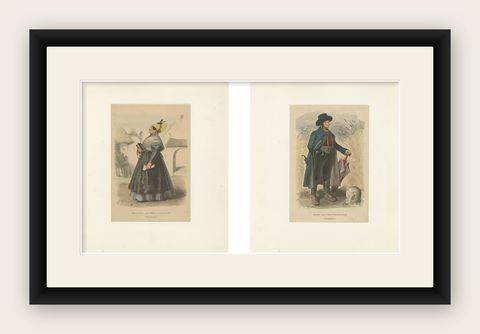 Austrian Folk Costume Pair, Upper Austria, Elegant Rural Figures, 1876, shown framed