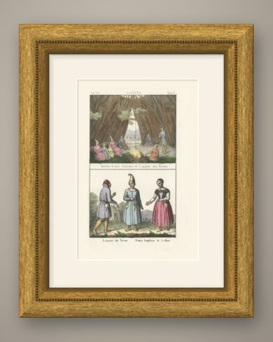 Inside a Hut of the Reindeer Lapps and Lapp Costume, Lapponia, 1842, shown framed