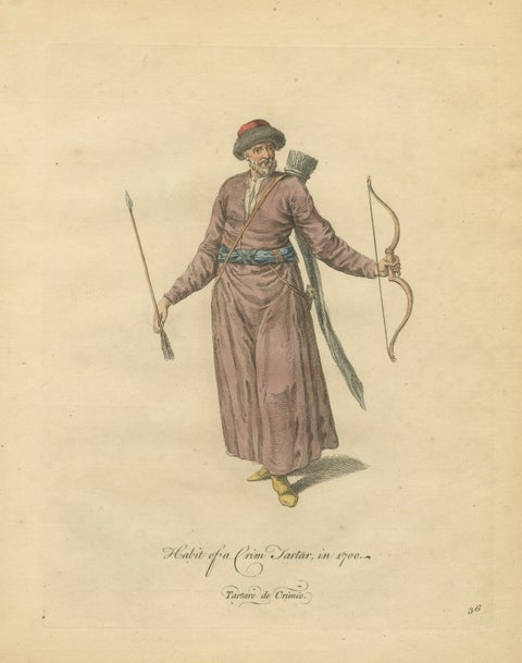 Crimean Tartar Archer Costume Print, Hand-Colored Jefferys 1749
