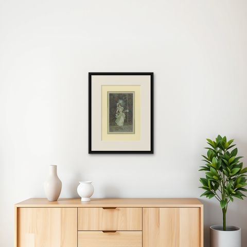 Antique Print of a Young Lady in Dress 'c.1900', shown framed on a wall