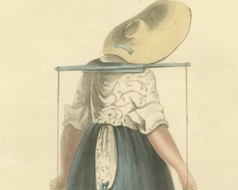 Gardener's Wife of Rotterdam with Produce, Antique Print, 1817, close-up 1