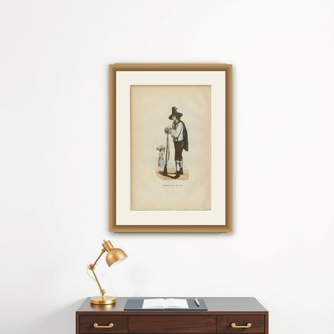 Tyrolean Hunter from the Ziller Valley - Antique Costume Lithograph, c.1852, shown framed on a wall