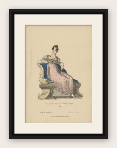 Antique Costume Print of an English Lady in 1814, Published in 1880, shown framed