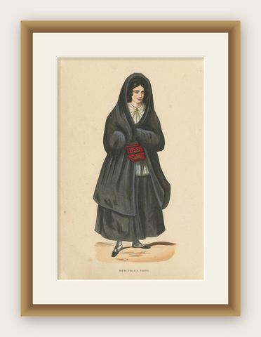 Antique Costume Print of a Young Lady in Porto by Wahlen, 1843, shown framed