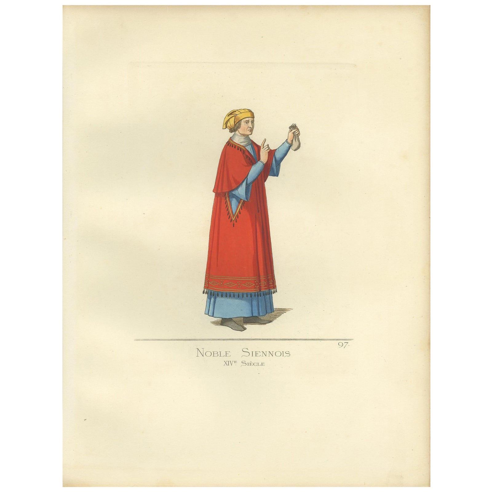 Antique Print of a Nobleman from Siena, Italy, 14th Century, by Bonnard, 1860