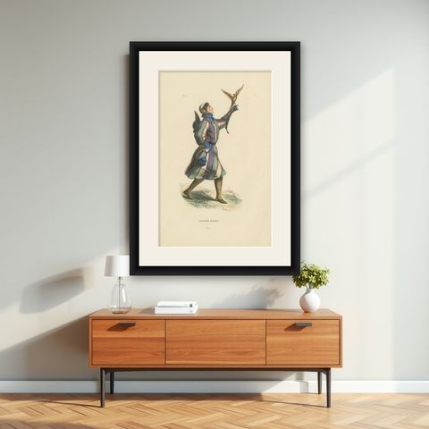 The Noble Sport: A German Falconer in 'Costume du Moyen Âge, 1847, shown framed on a wall