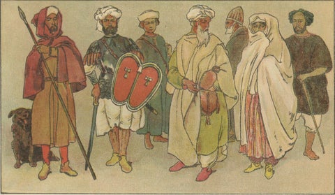 Hand-Colored 1900 Print of Moorish Costumes, 15th Century North Africa, ca.1880, close-up 3