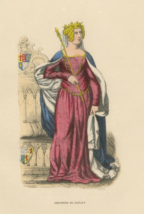 Queen Philippa of Hainaut in Ceremonial Attire, Costume Di Moyen Age, 1847, close-up 4