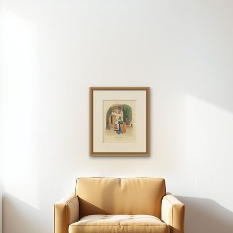 Costume Print: Woman at Devotion, Near Florence, 1820s Hand-Colored Engraving, shown framed on a wall