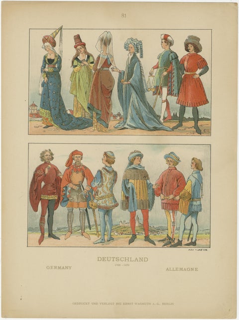 German Costume History 1450–1670, Set of Three Antique Hand-Colored Prints, 1880, view 3
