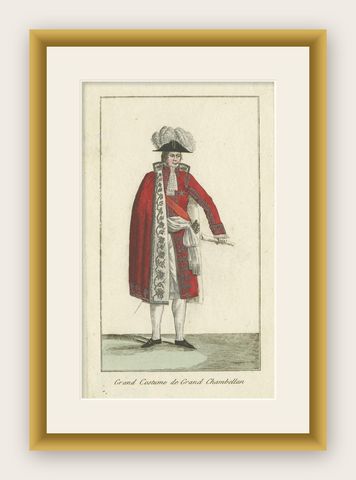 Antique Costume Print of a French Chamberlain, circa 1810, shown framed