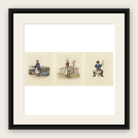 French Costumes and Trades, 3 Finely Coloured Prints by R. Bridgens, 1835, shown framed