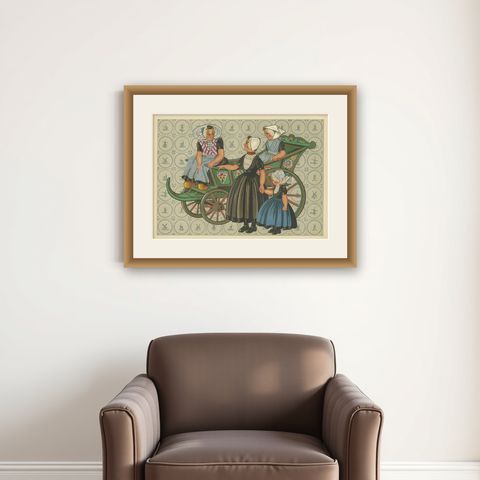 Colorful Walcheren Girls in Traditional Dress Riding a Painted Market Cart, 1932, shown framed on a wall