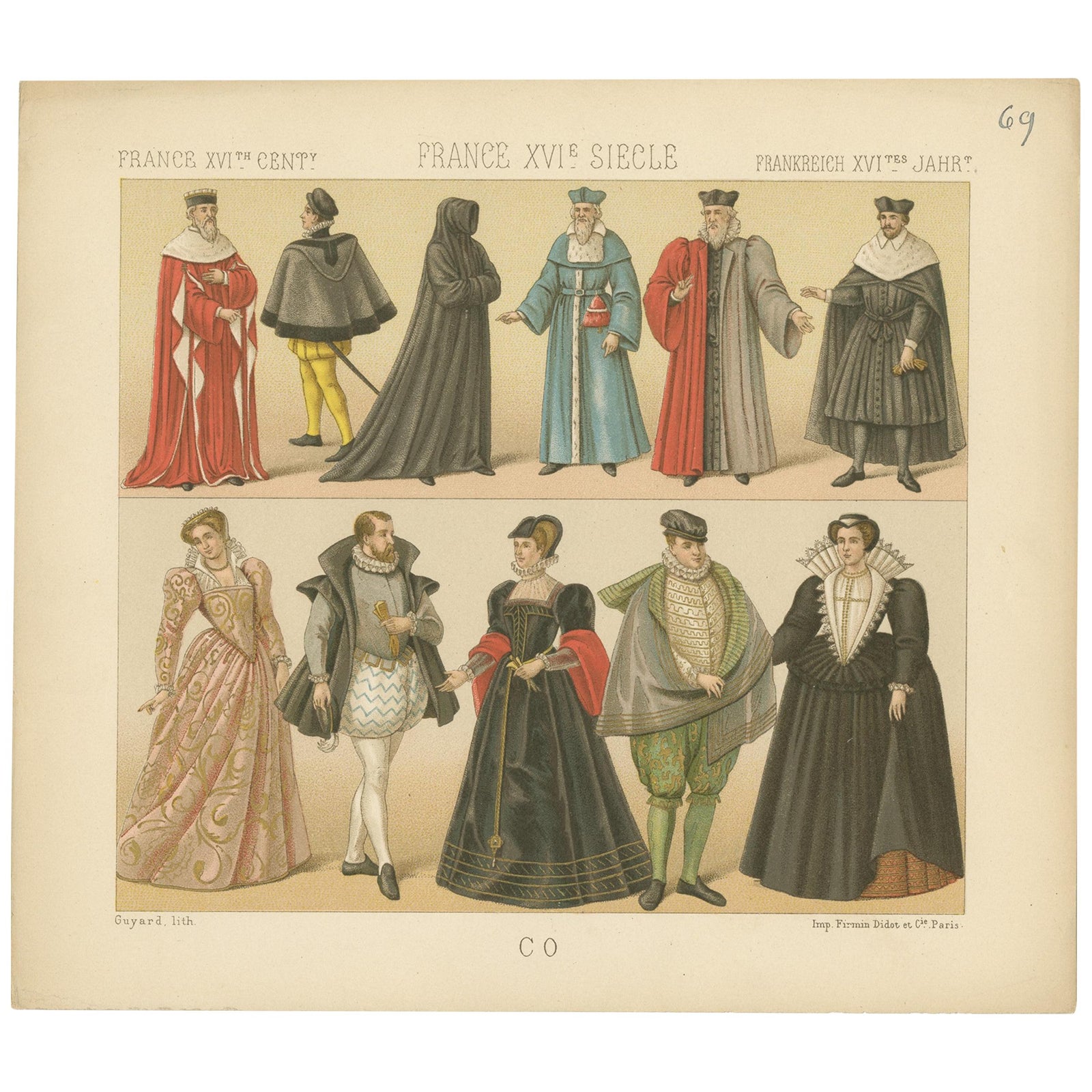 Pl. 69 Antique Print of French XVIth Century Costumes by Racinet, circa 1880