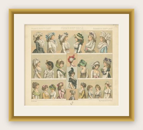 Pl 123 Antique Print of French 18th Century Women's Costumes by Racinet, shown framed