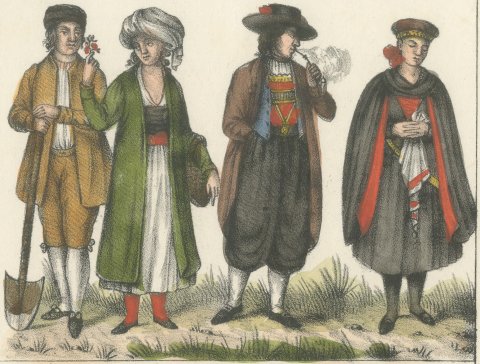 People of Istria, Eger and Transylvania, Hand Colored Lithograph, 1842, close-up 1