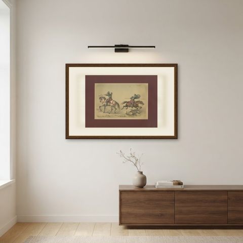 Spanish Cavalry Lithograph by José Rubio y Villegas: Medieval Cavalry, 1861, shown framed on a wall