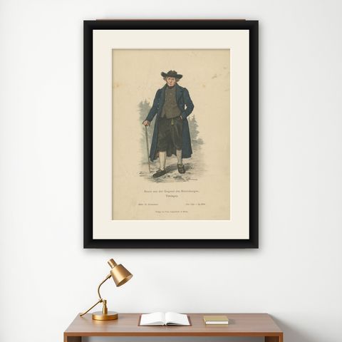 Antique Costume Print of a Farmer from the Region of Ettersberg by Lipperheide, shown framed on a wall