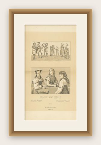 Antique Print of 19th Century Italian Clothing by Racinet, shown framed