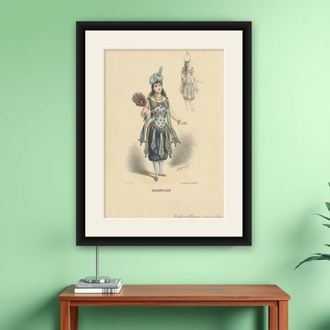 Antique Fashion Print, Lady in Oriental Costume by G. Donjean, c.1870, shown framed on a wall