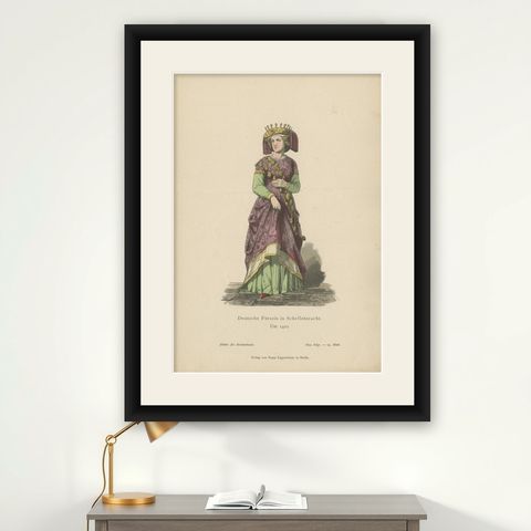 Antique Costume Print of a German Princess by Lipperheide, c.1880, shown framed on a wall
