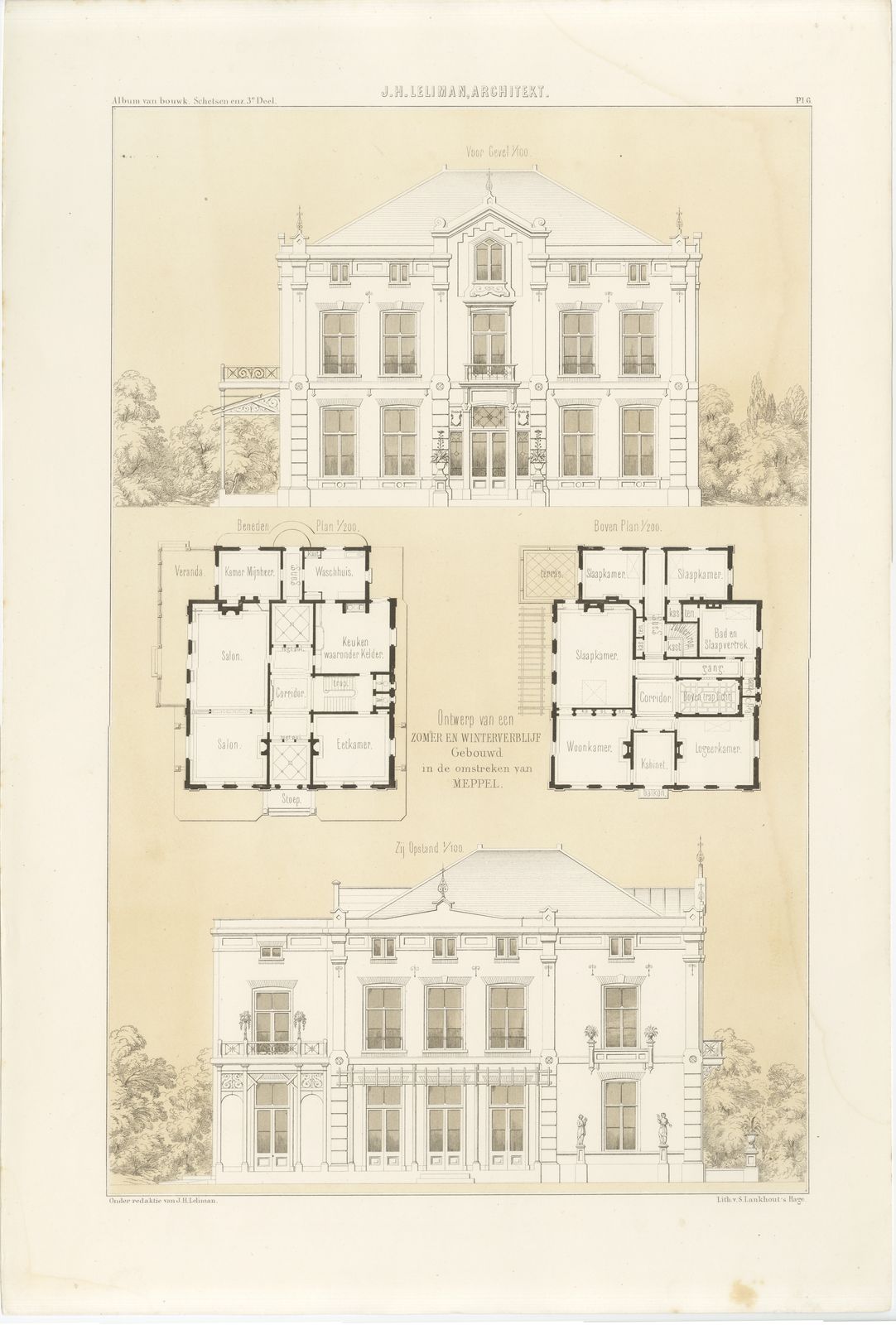 Meppel Country House, Elevations, Dutch Architecture Print, Leliman, 1865-1866, view 2