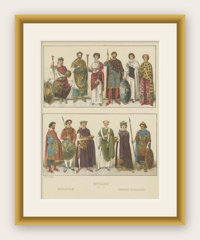 Byzantine Costume Plate 800–1100, Antique Hand-Colored Print c.1880, shown framed