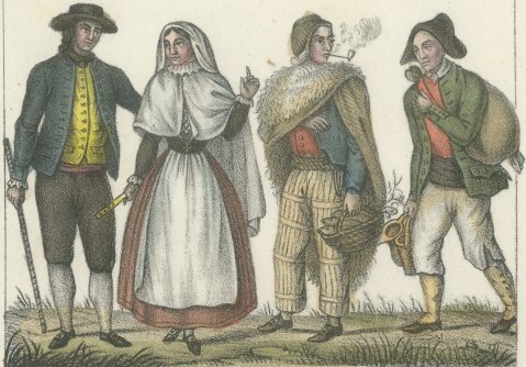Costumes of Minorca, Majorca and Ibiza, Hand Colored Lithograph, 1842, close-up 1