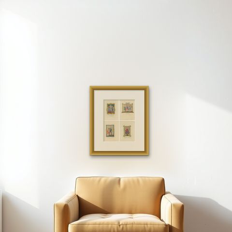 Set of four Antique Prints of English Costumes by Strutt '1862', shown framed on a wall